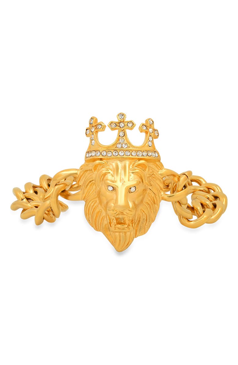 HMY JEWELRY Men's 18K Yellow Gold Plated Stainless Steel Lion Head Bracelet, Main, color,