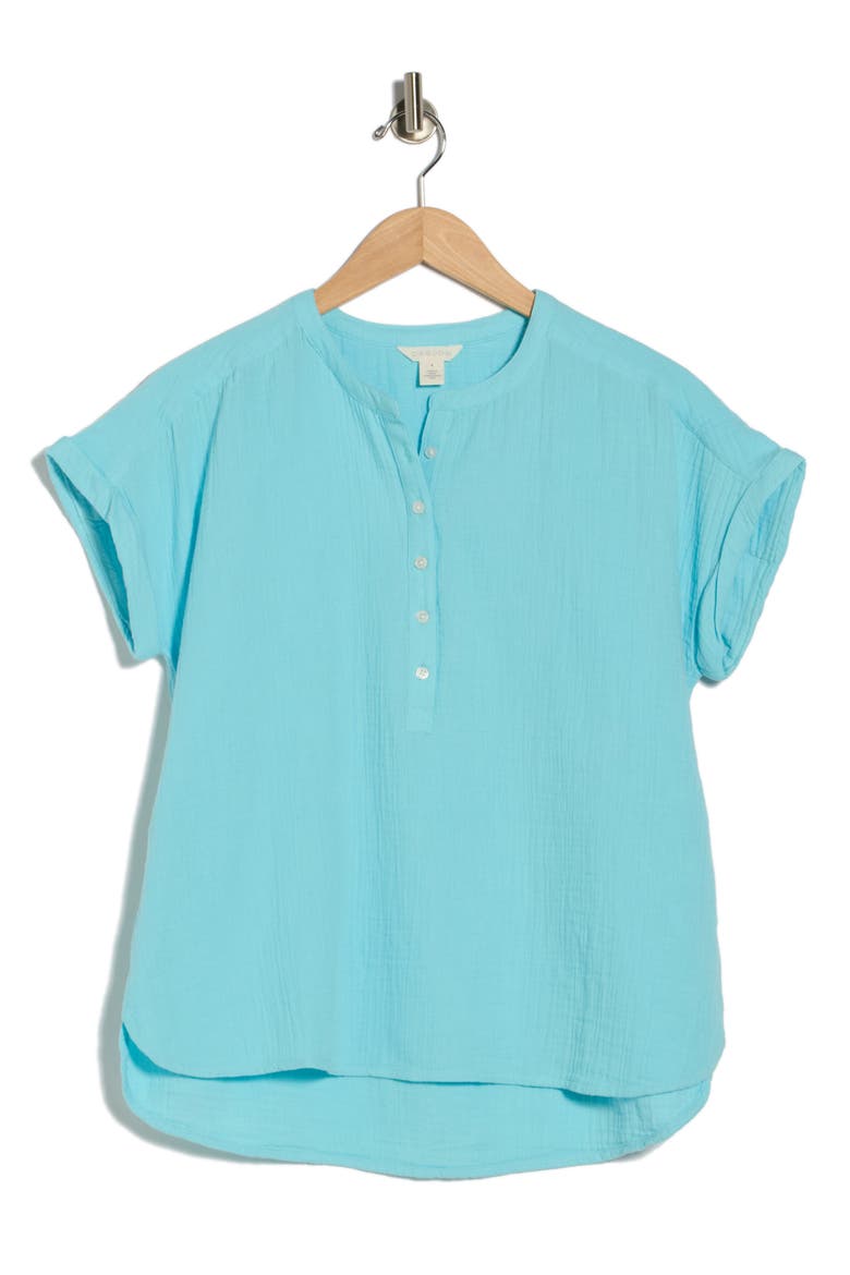 Cotton Gauze Henley Top, Alternate, color, BLUE GULF