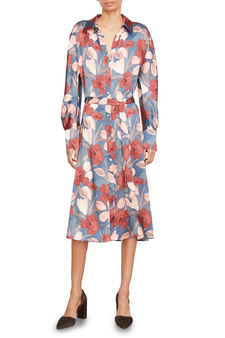 Nouveau Magnolia Long Sleeve Satin Shirtdress, Main, color, TWILIGHT