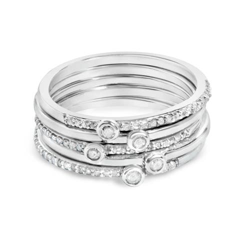 Sterling Silver 3/8 Cttw Diamond Bezel and Pave Set Stackable Ring Set