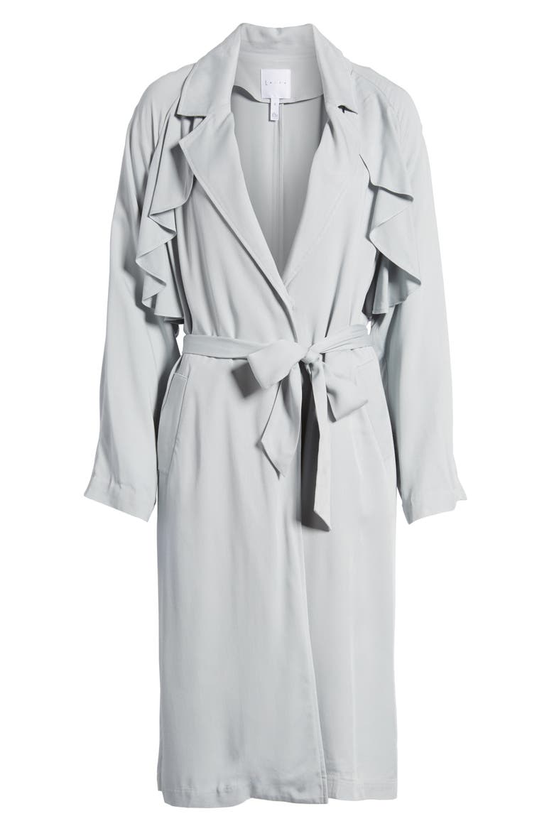 Ruffle Trim Trench Coat, Alternate, color, BLUE PEARL