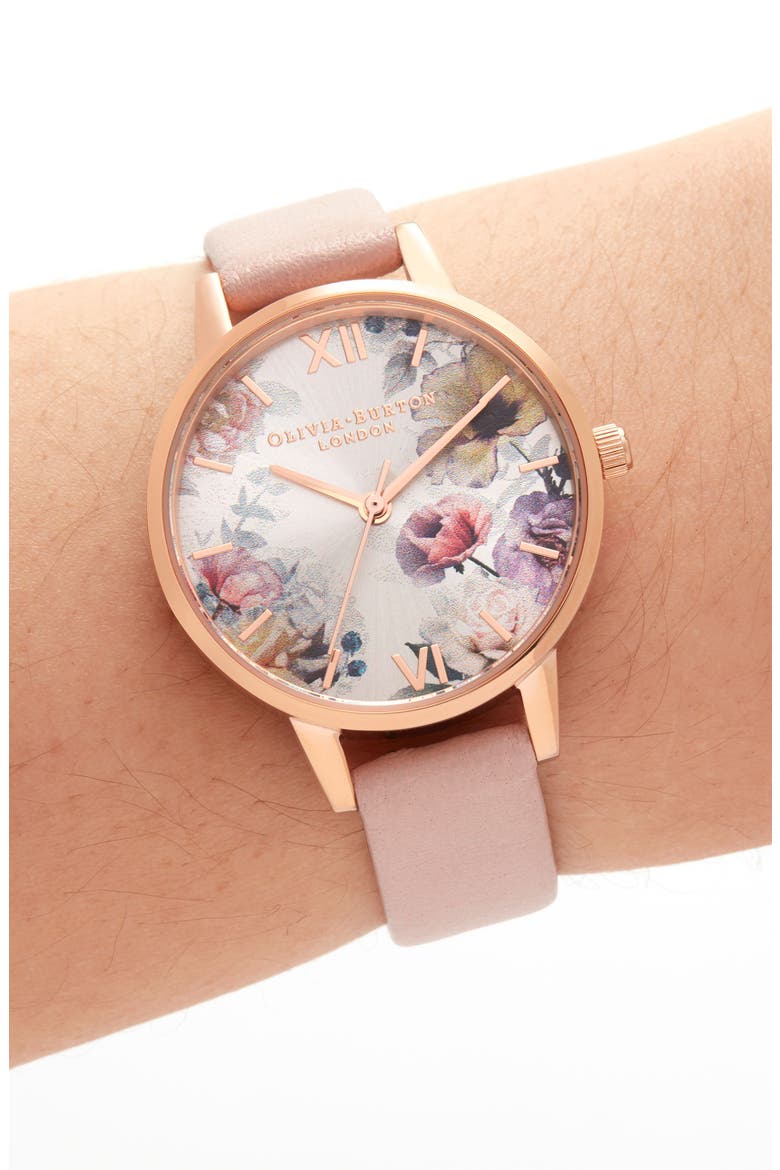 Sunlight Florals Leather Strap Watch, 30mm, Alternate, color, PINK/ FLORAL/ ROSE GOLD