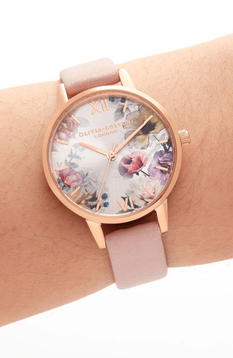 Olivia Burton Sunlight Florals Leather Strap Watch, 30mm, Alternate, color,