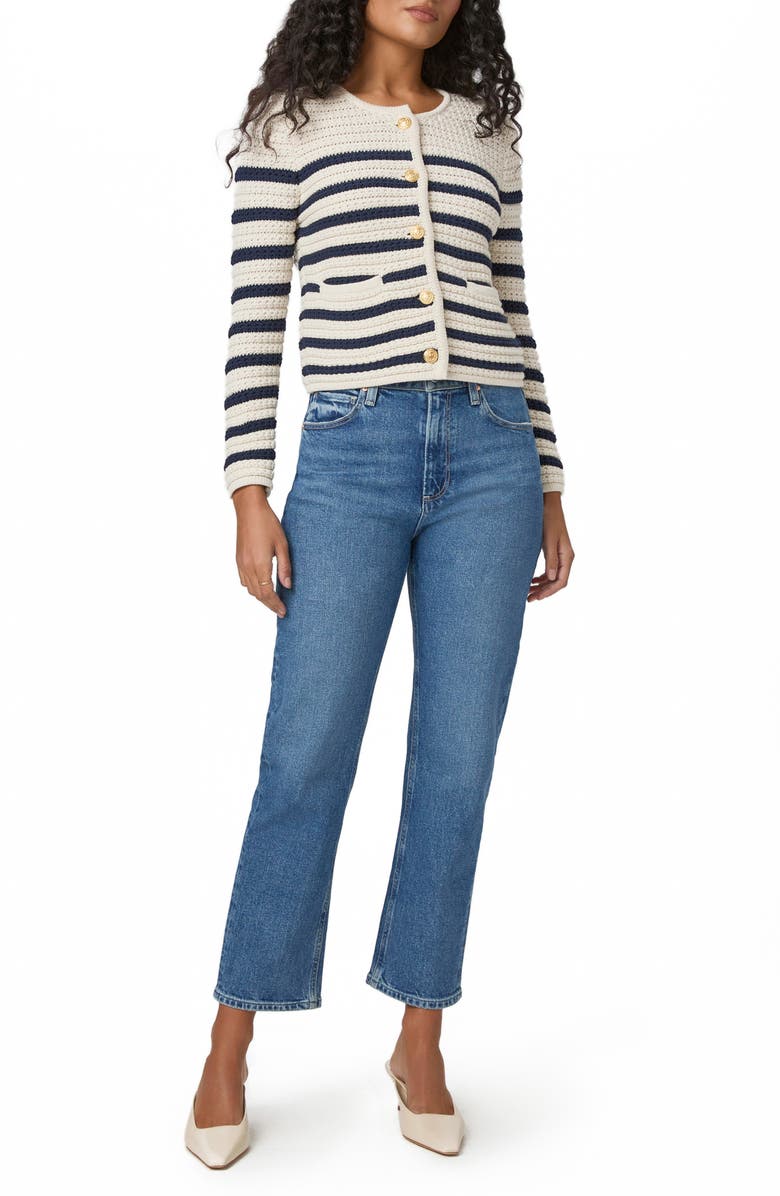 PAIGE Oberon Stripe Cotton Blend Cardigan, Alternate, color, Ivory/ Dark Ink Blue