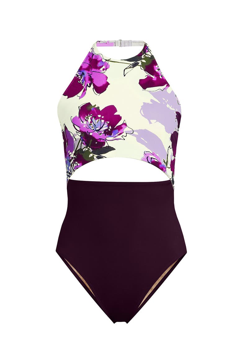Tugless Halter Monokini High Leg One Piece Swimsuit, Alternate, color, Egret/Berry Etched Floral