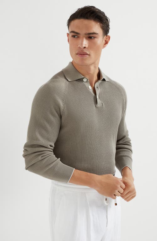 Brunello Cucinelli Cotton English-rib Polo Sweater In Khaki