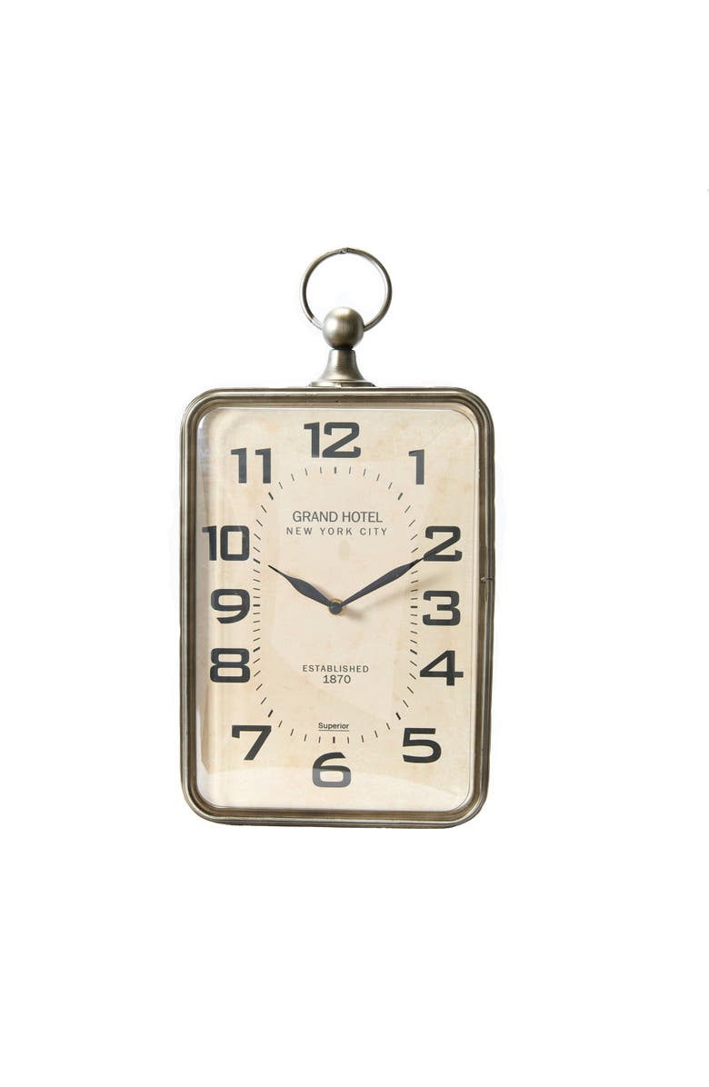 Storied Home Rectangle Metal Hanging Wall Clock with Handle, Antiqued Gold, Main, color, Gold