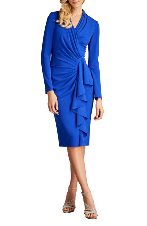 Ruffle Side Drape Long Sleeve Cocktail Dress