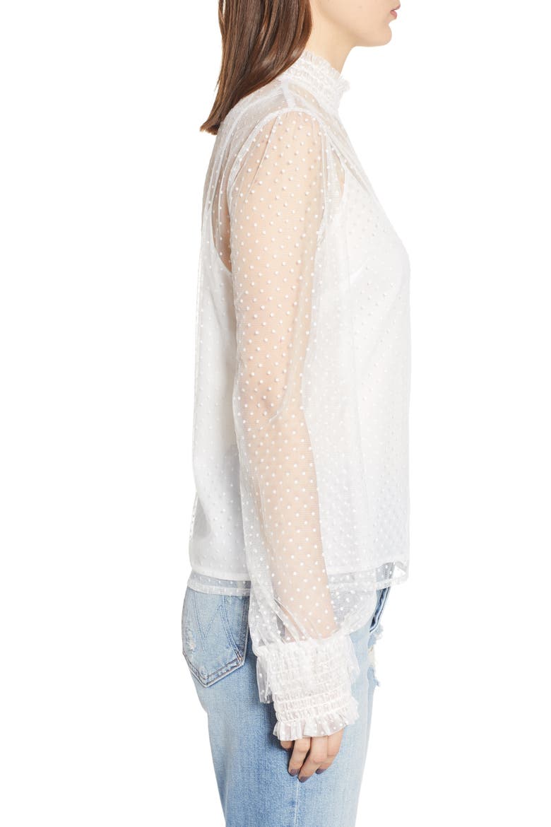 Swiss Dot Sheer Mesh High Neck Blouse, Alternate, color, WHITE