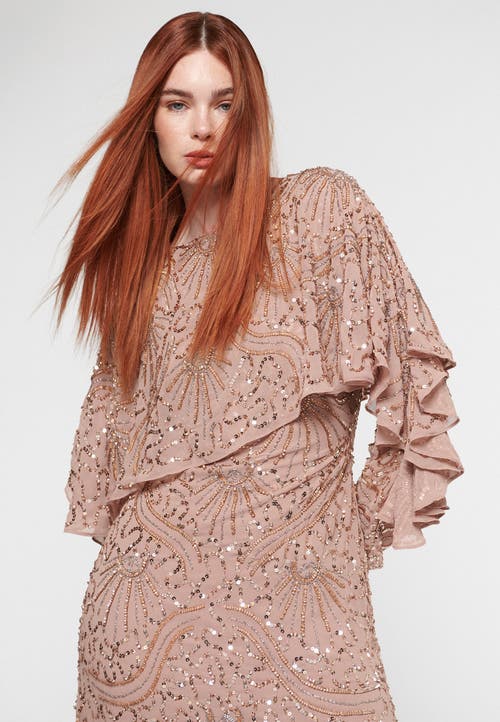 Maryisa Embellished Sequin Beaded Maxi Dress In Taupe Blush