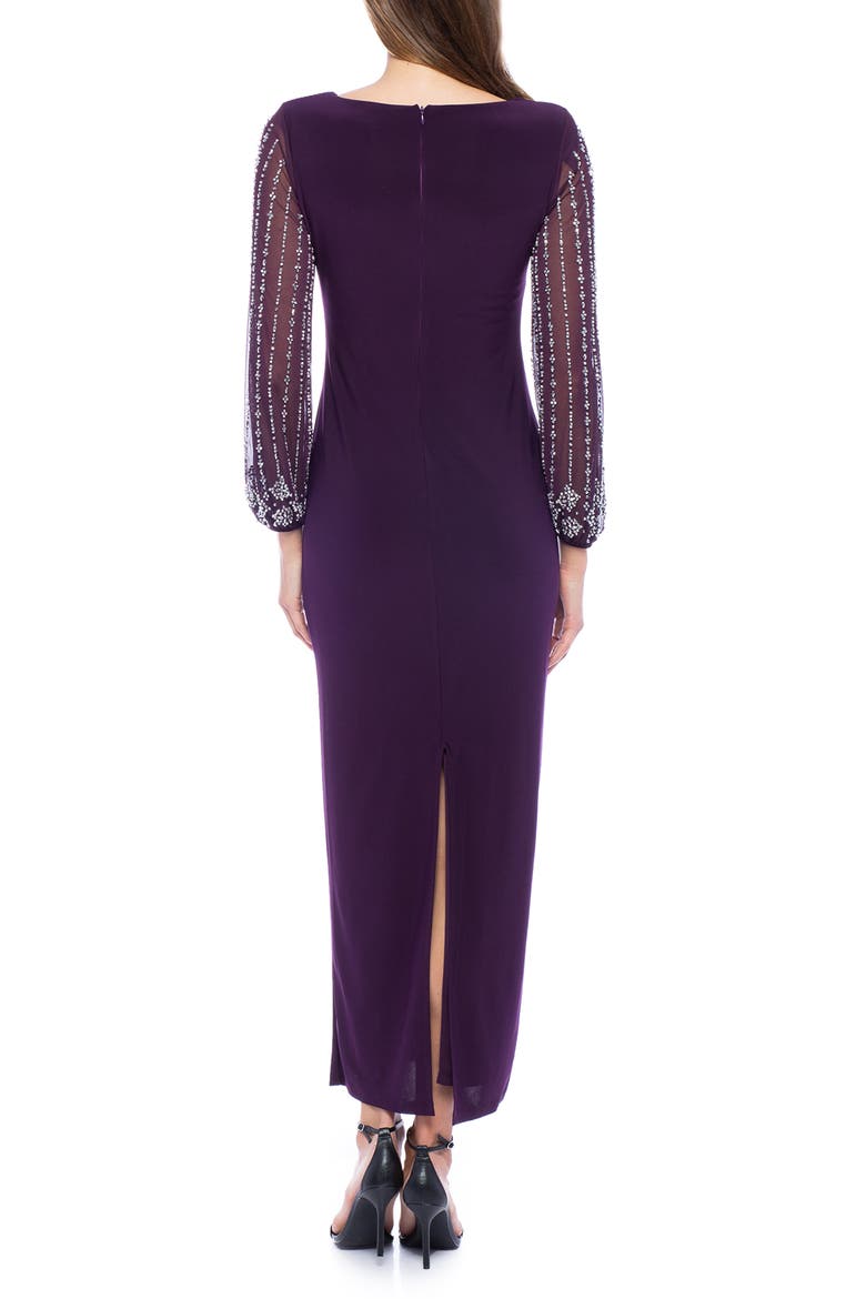 Beaded Long Sleeve Jersey Gown, Alternate, color, EGGPLANT