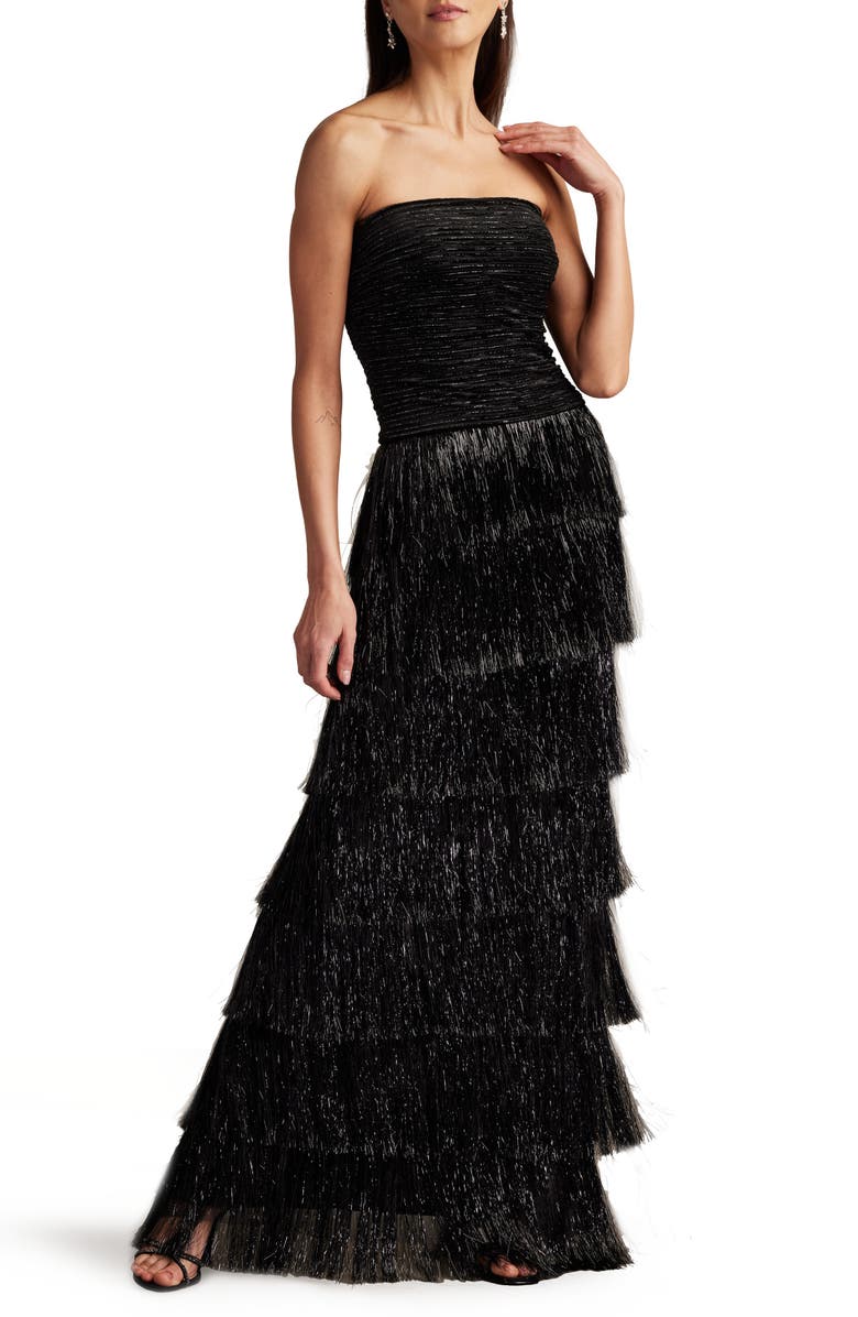 SHO by Tadashi Shoji Strapless Metallic Fringe Gown, Alternate, color, Black