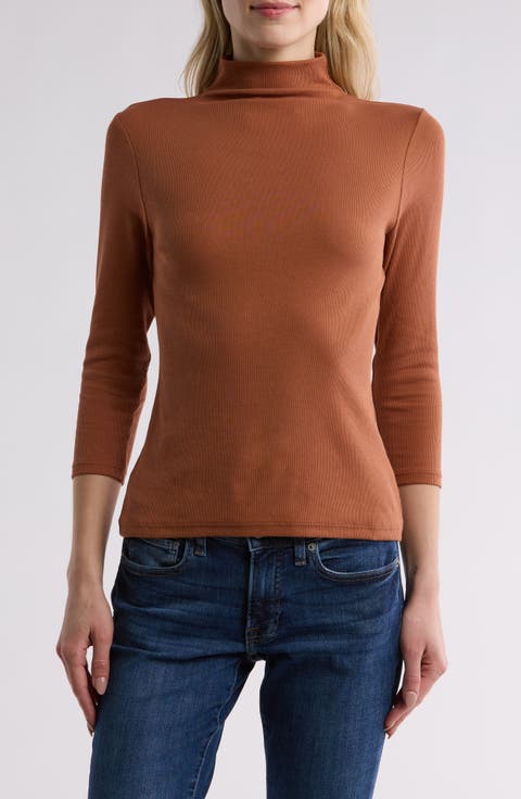Three-Quarter Sleeve Stretch Pima Cotton Mock Neck T-Shirt