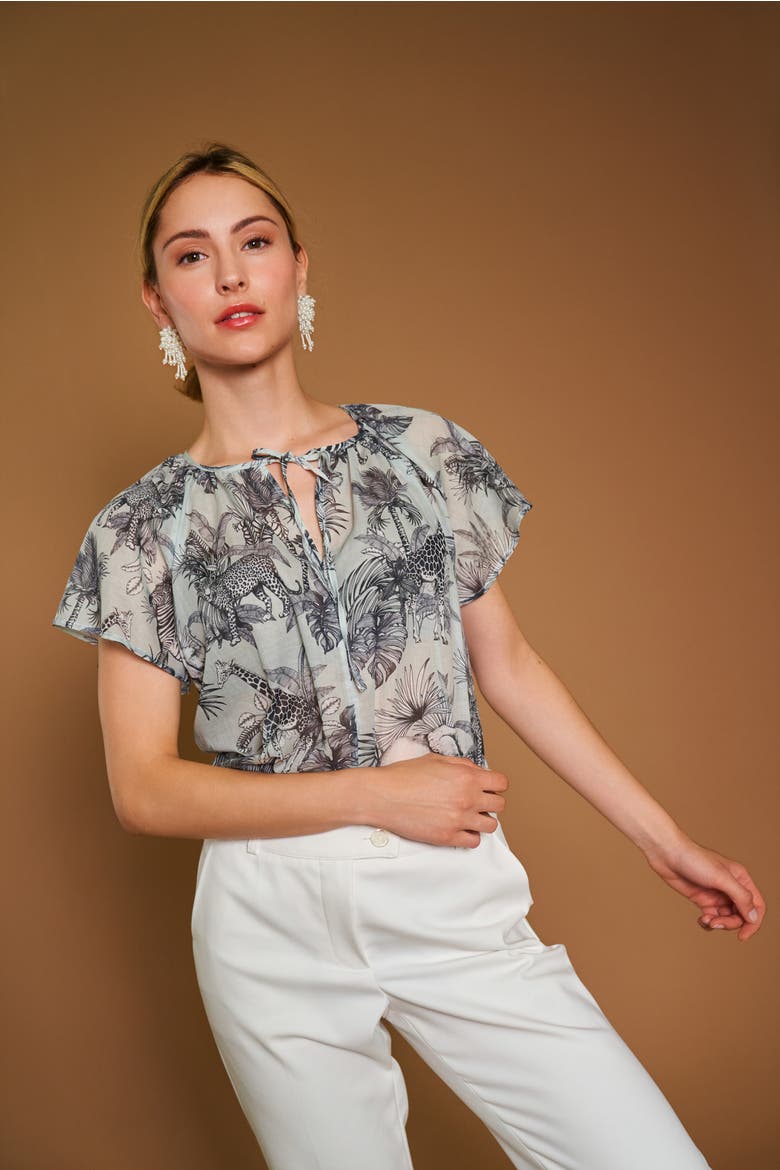 Printed Silk Blouse With Cap Sleeves, Alternate, color, Mint