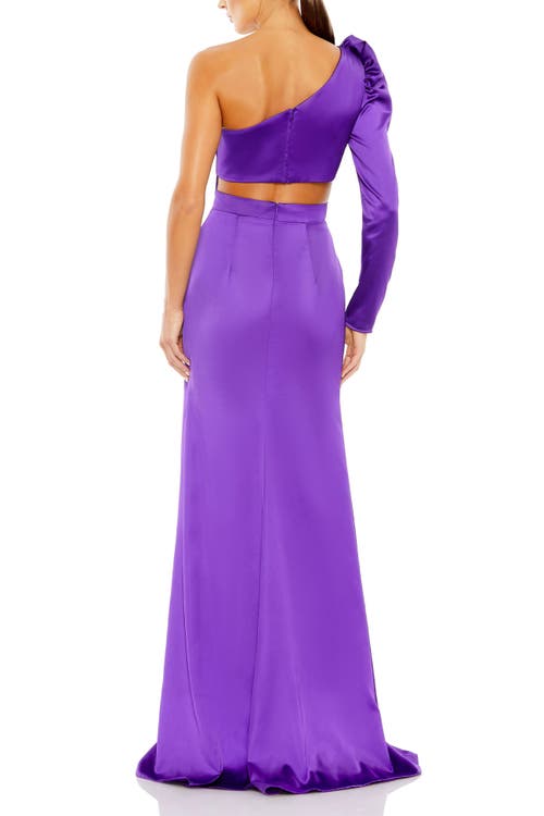 Mac Duggal Side Knot One-sleeve Puff Cutout Evening Dress In Purple