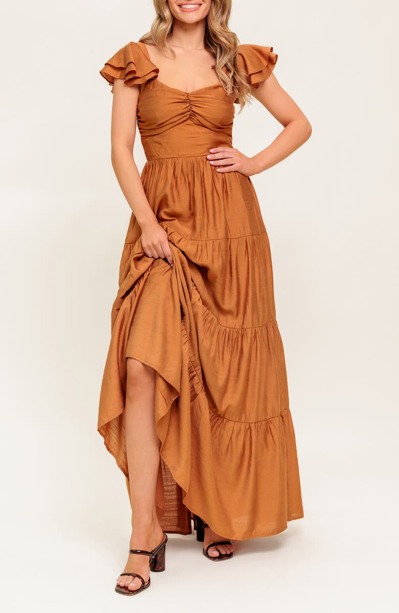 FLYING TOMATO Flutter Sleeve Tiered Maxi Dress, Alternate, color, Rust