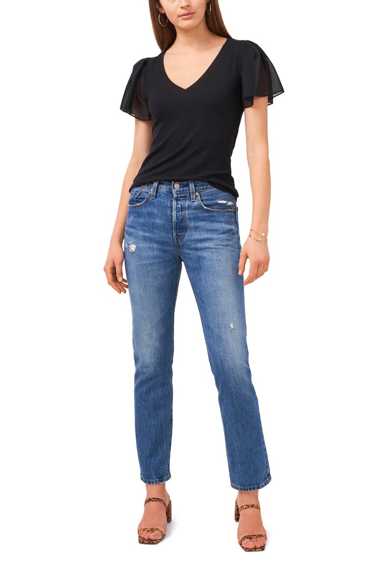 Flutter Sleeve Rib Knit T-Shirt, Alternate, color, RICH BLACK