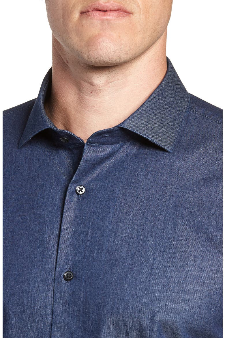 Trim Fit Solid Denim Dress Shirt, Alternate, color, NAVY INDIGO