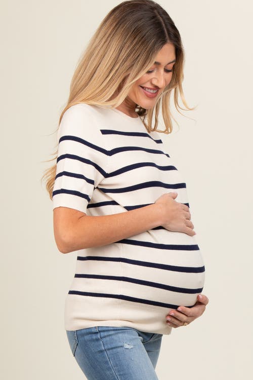 Pinkblush Striped Knit Short Sleeve Top In Neutral