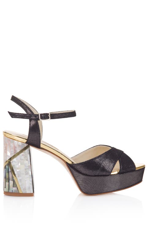 Zahra Noir Ankle Strap Pearl Heel Sandal
