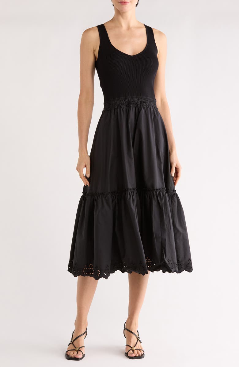 T Tahari V-Neck Sleeveless Mixed Media Dress, Main, color, Black