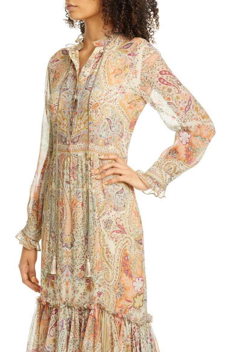 Paisley Long Sleeve Silk Maxi Dress, Alternate, color, 990 WHITE