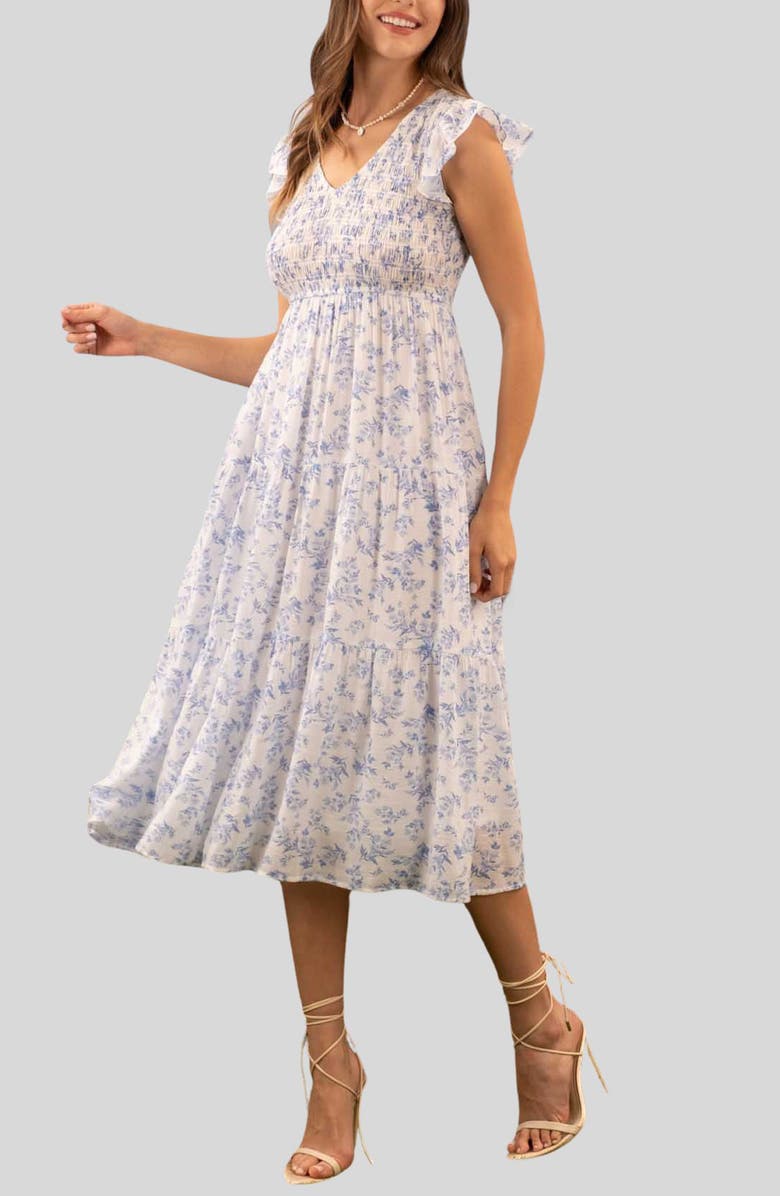 Blu Pepper Flutter Sleeve Smocked Midi Dress, Alternate, color,