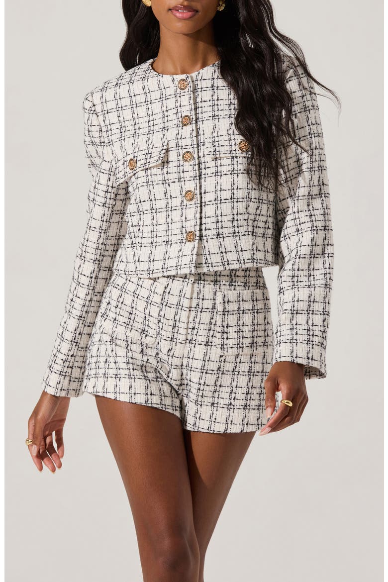 Faux Pearl Trim High Waist Tweed Shorts, Alternate, color, WHITE BLAC