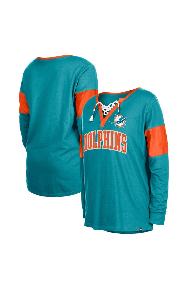 New Era Women's New Era Aqua Miami Dolphins Lace-Up Notch-Neck Long Sleeve T-Shirt, Alternate, color, Aqua