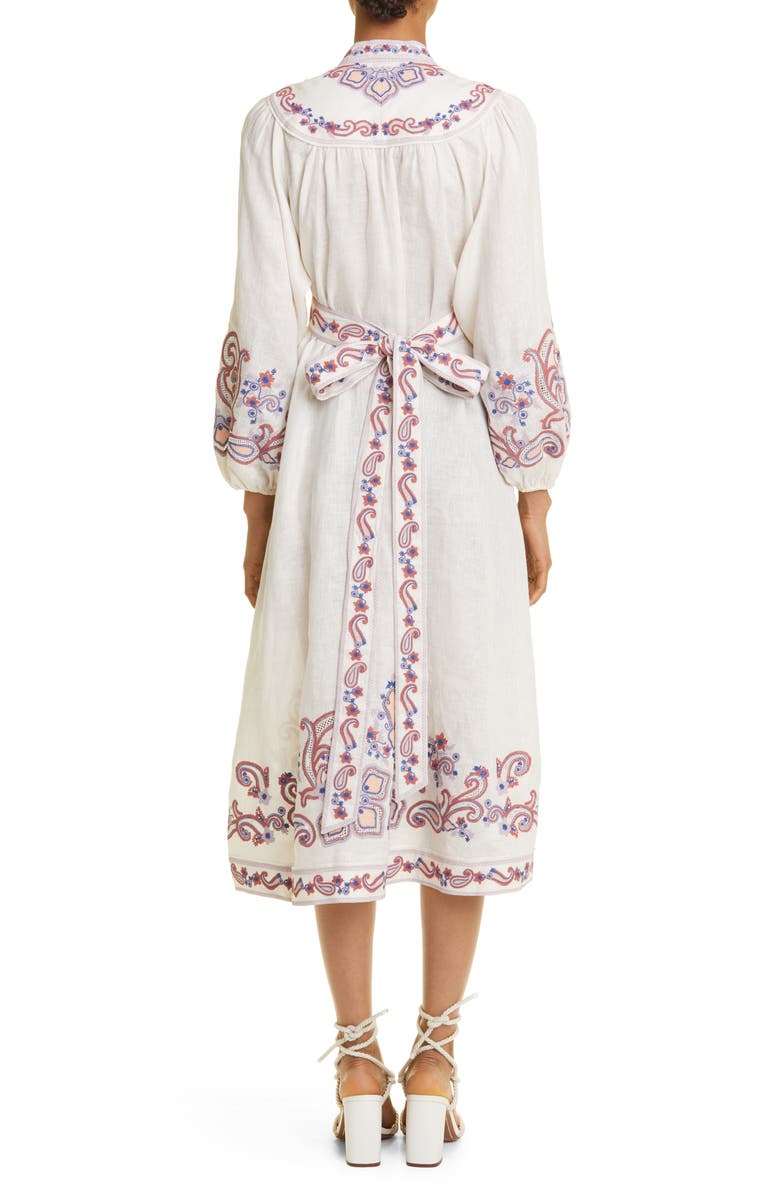 Zimmermann Devi Embroidered Long Sleeve Wrap Linen Midi Dress, Alternate, color,