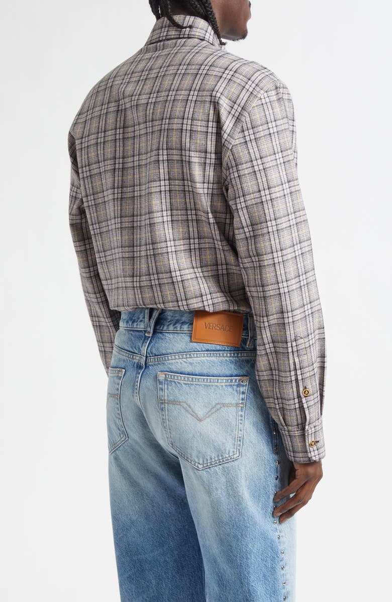 Versace Check Virgin Wool Flannel Button-Up Shirt, Alternate, color, Flowers Lavender Yellow