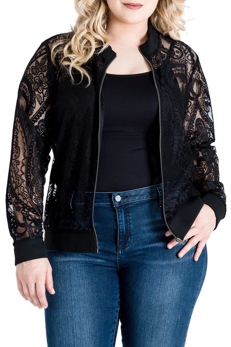 Aria Lace Bomber Jacket, Main, color, BLACK