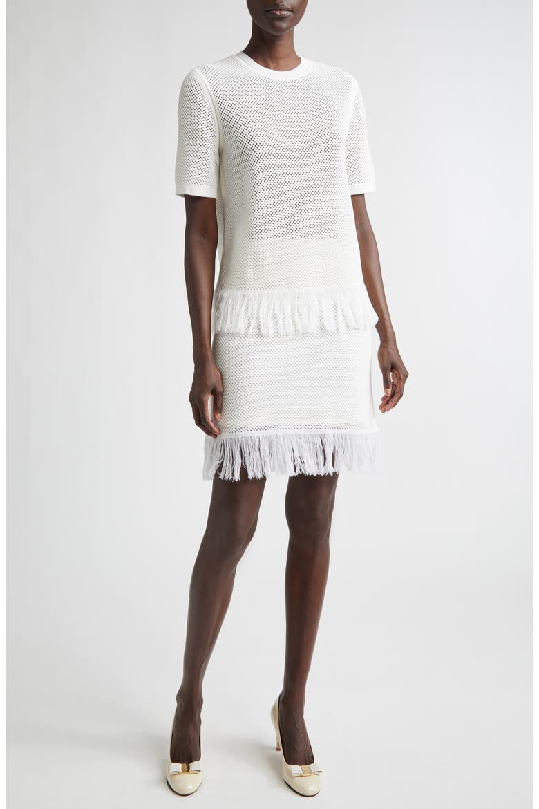Open Knit Fringe Short Sleeve Virgin Wool Sweater, Alternate, color, WHITE