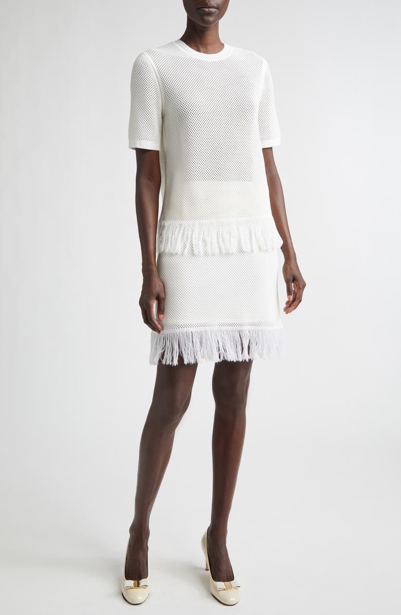 FERRAGAMO Open Knit Fringe Short Sleeve Virgin Wool Sweater Skirt, Alternate, color, White