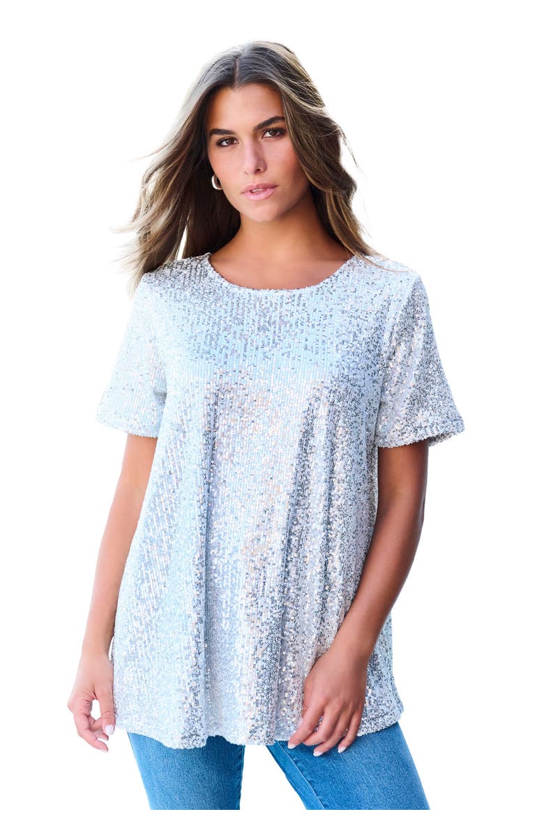 Roaman's Sequined Swing Tee, Main, color, Silver Shimmer