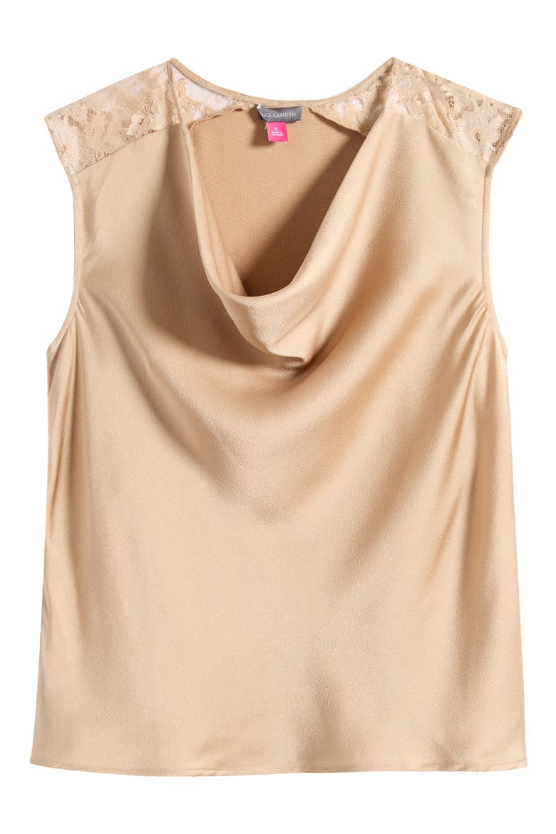 Lace Trim Cowl Neck Sleeveless Top, Alternate, color, CAMEL
