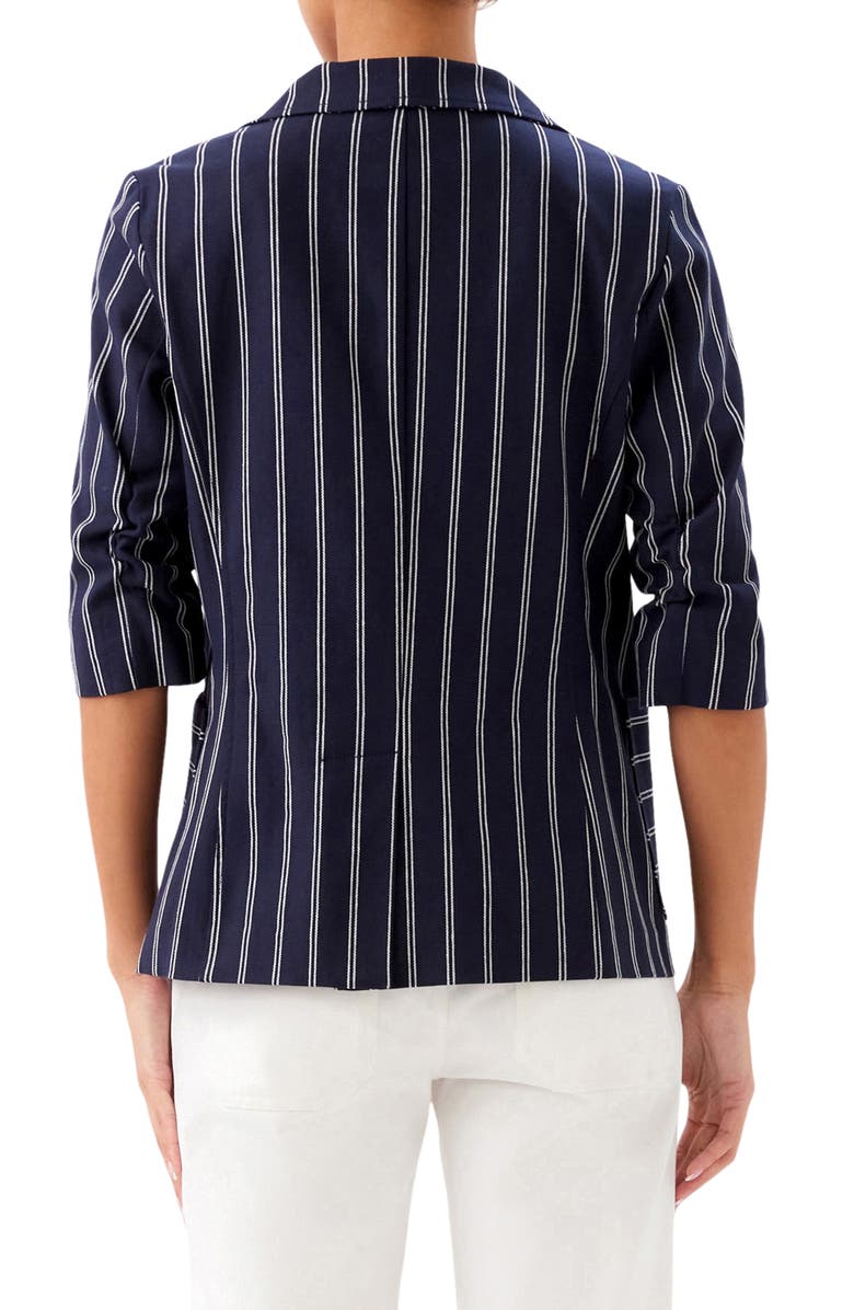 Karen Kane Stripe Ruched Sleeve Stretch Cotton Jacket, Alternate, color, Navy