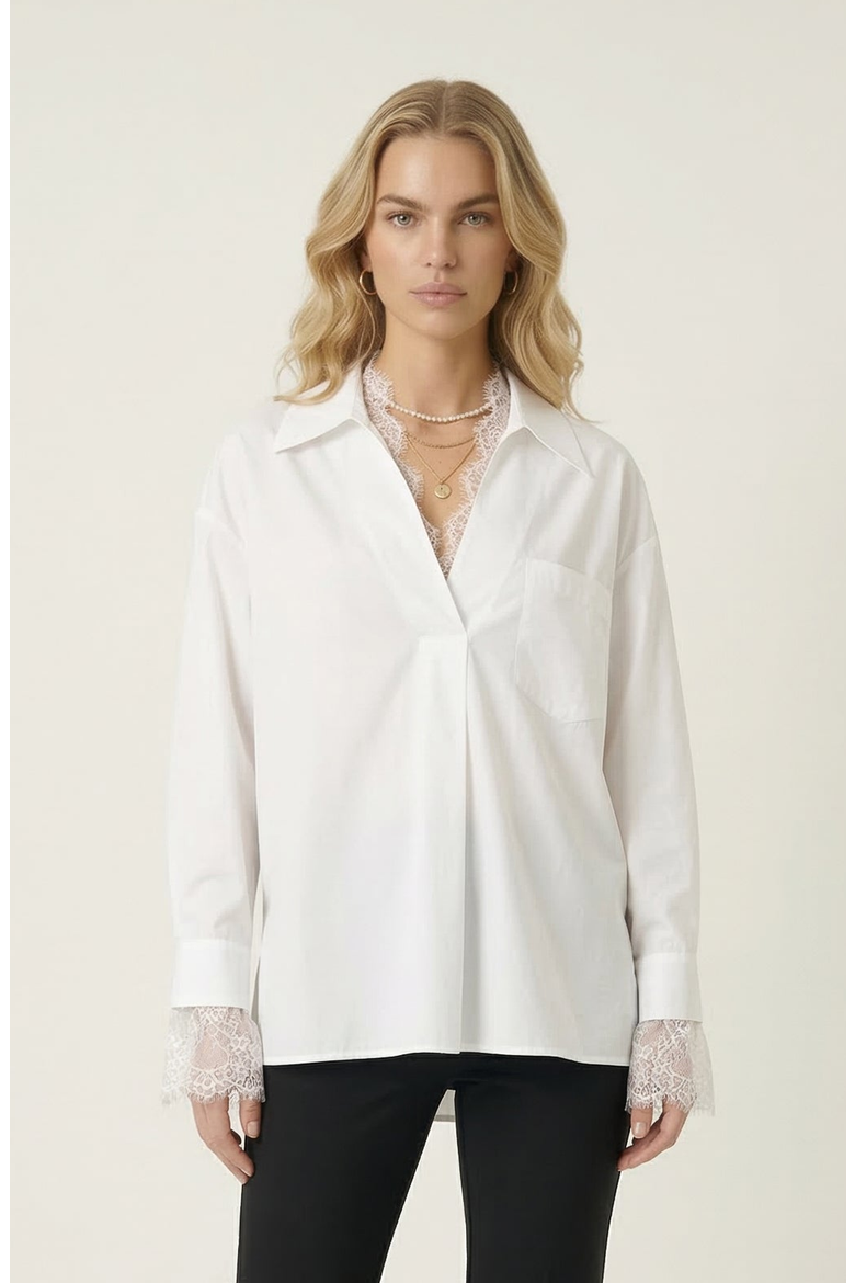 Lace Trim Collared Blouse, Main, color, White