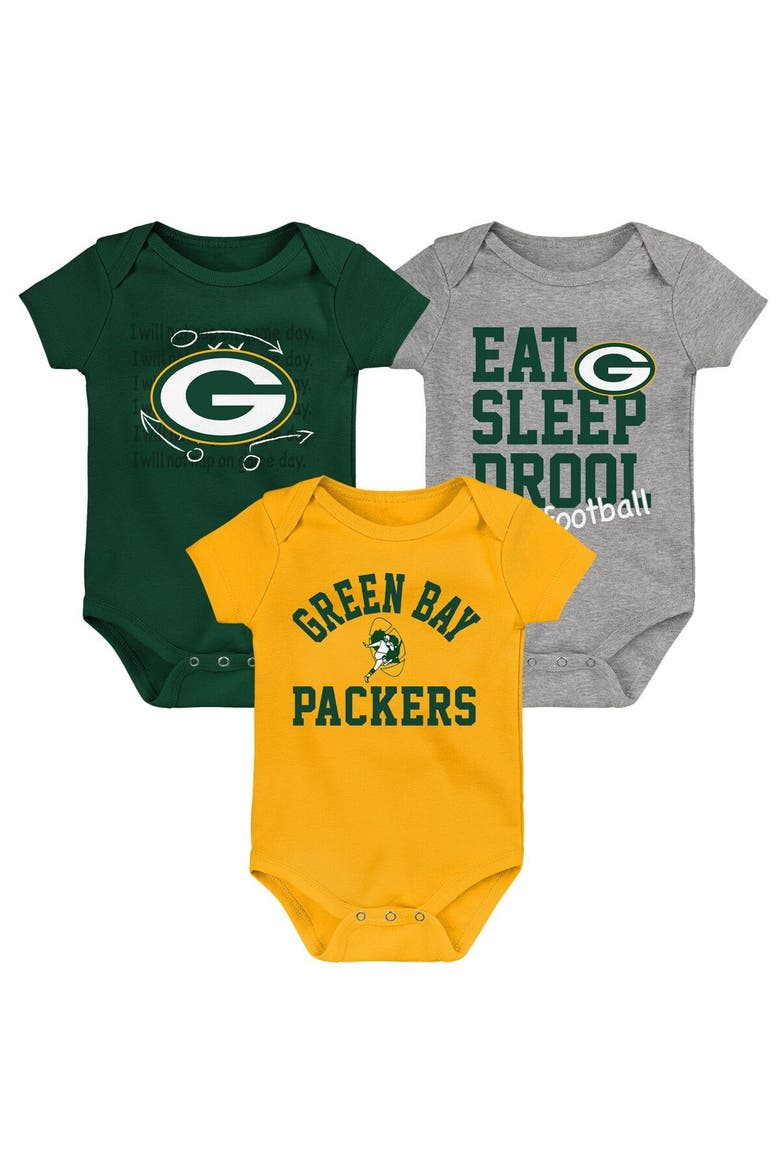 Newborn & Infant Green/Gold/Heather Gray Green Bay Packers Three-Pack Eat, Sleep & Drool Retro Bodysuit Set, Main, color, Green
