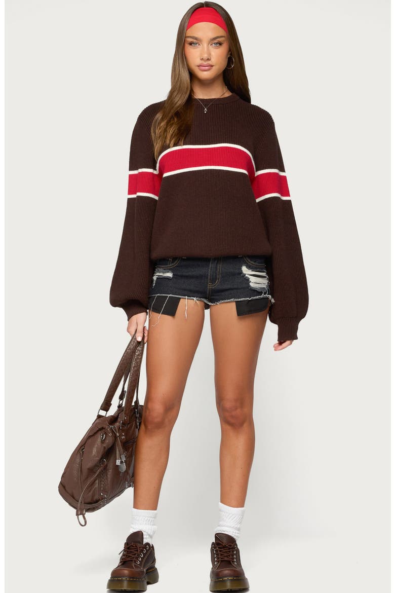 Nautical Striped Oversized Crewneck Sweater, Alternate, color, BROWN