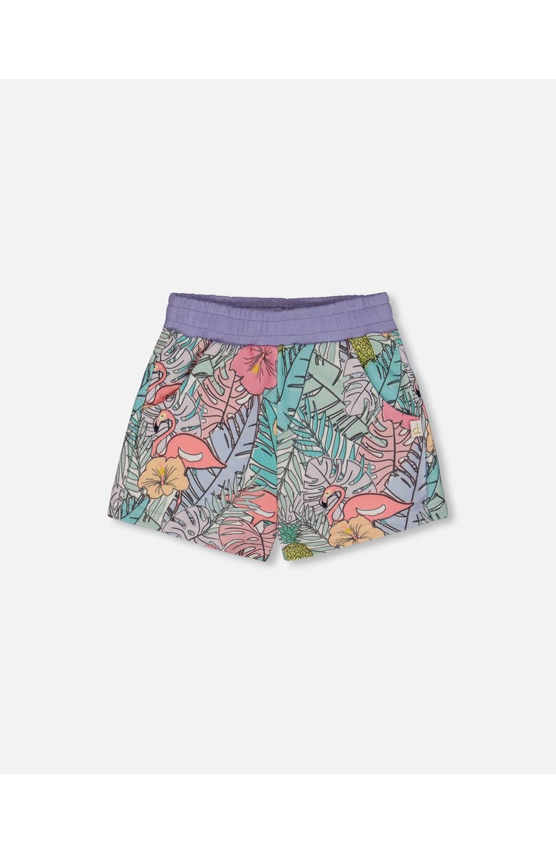 Deux par Deux Little Girl's Printed French Terry Short Lilac Tropical And Pink Flamingos, Main, color, 