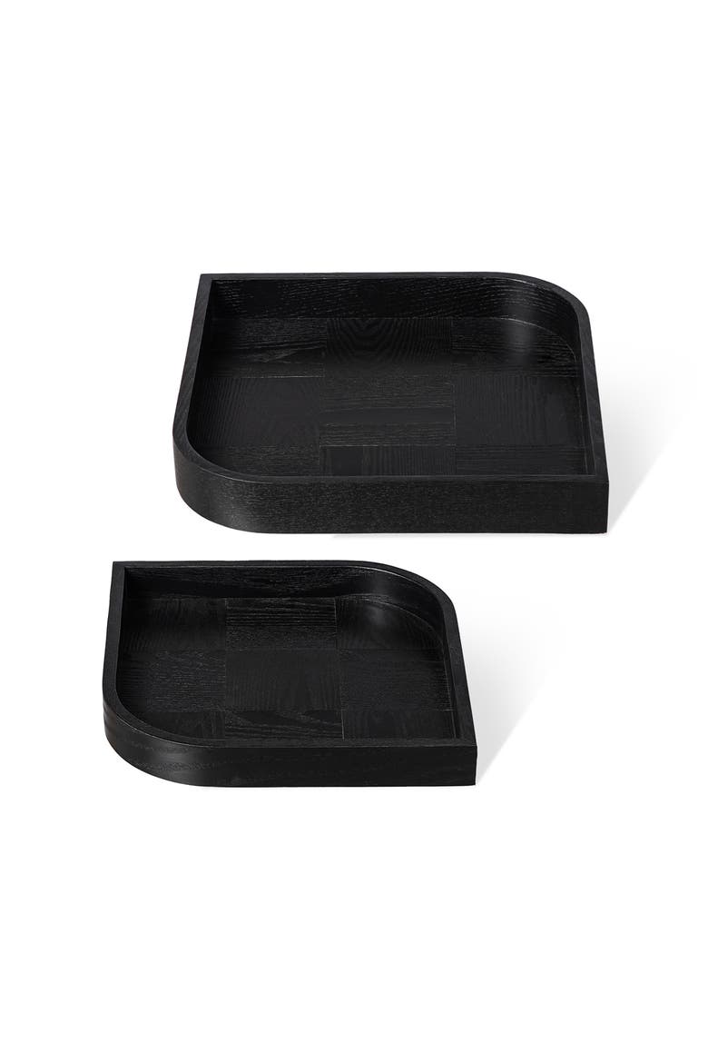 Set of 2 Leaf Shape Ash Wood Decorative Trays, Main, color, Black
