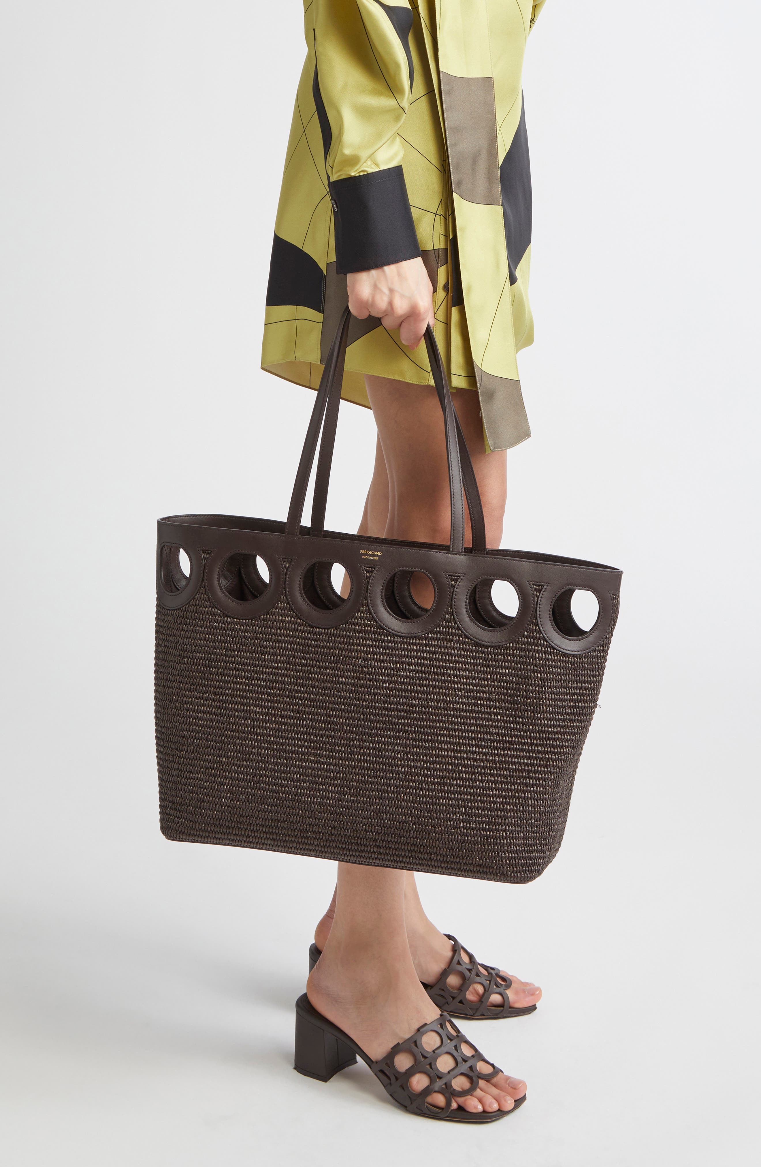 FERRAGAMO Medium Gancini Frame Perforated Raffia & Leather Tote, Alternate, color, Moro/ Testa Di Moro
