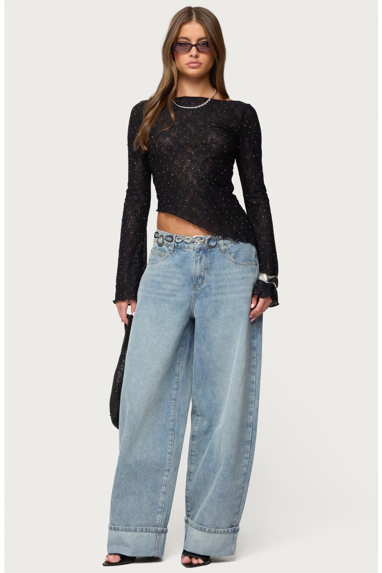 Mare Rhinestone Asymmetric Sheer Lace Top, Alternate, color, BLACK