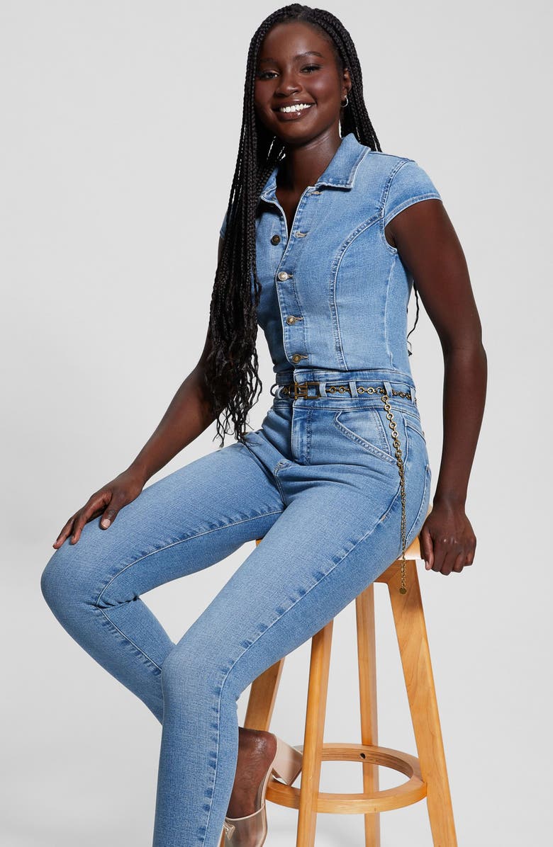 GUESS Nova Belted Button Front Denim Jumpsuit, Alternate, color, 