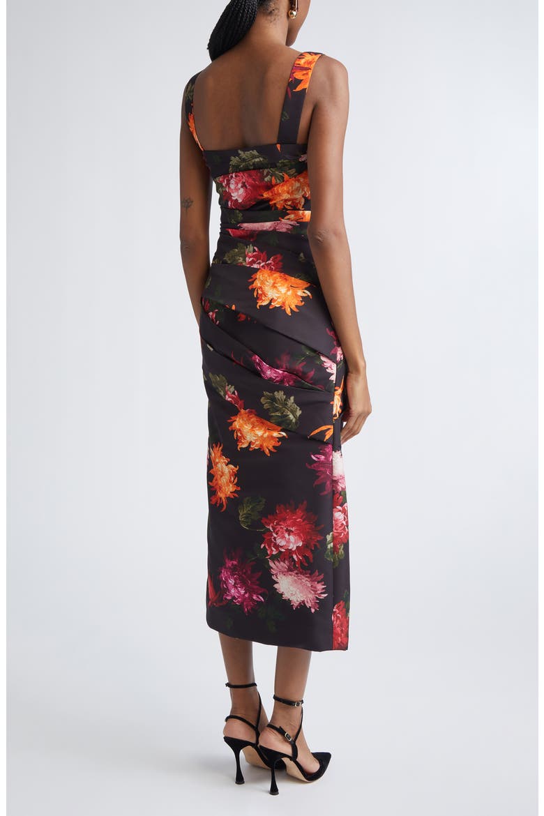 Chrysanthemum Print Pleated Faille Midi Dress, Alternate, color, BLACK MULTI