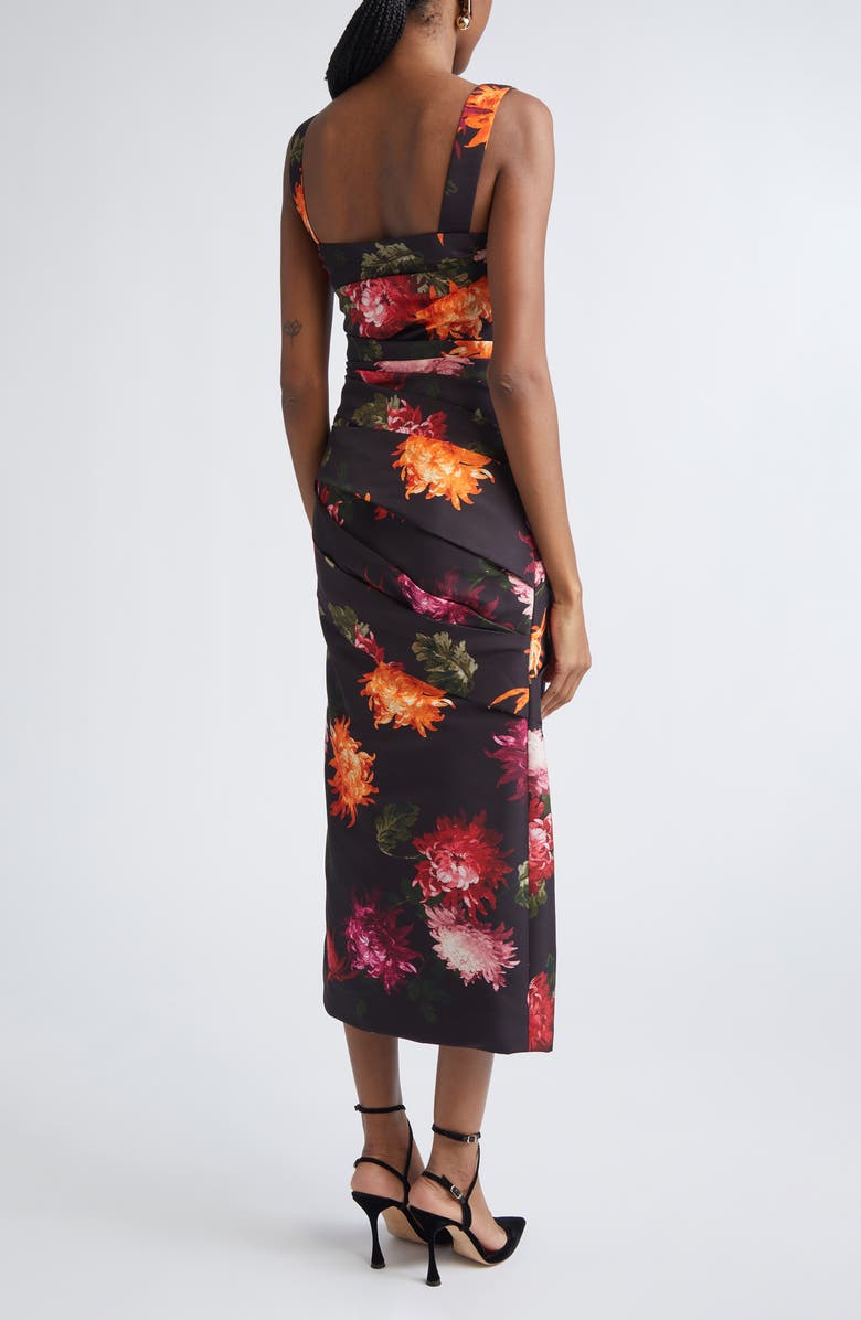 Carolina Herrera Chrysanthemum Print Pleated Faille Midi Dress, Alternate, color, Black Multi