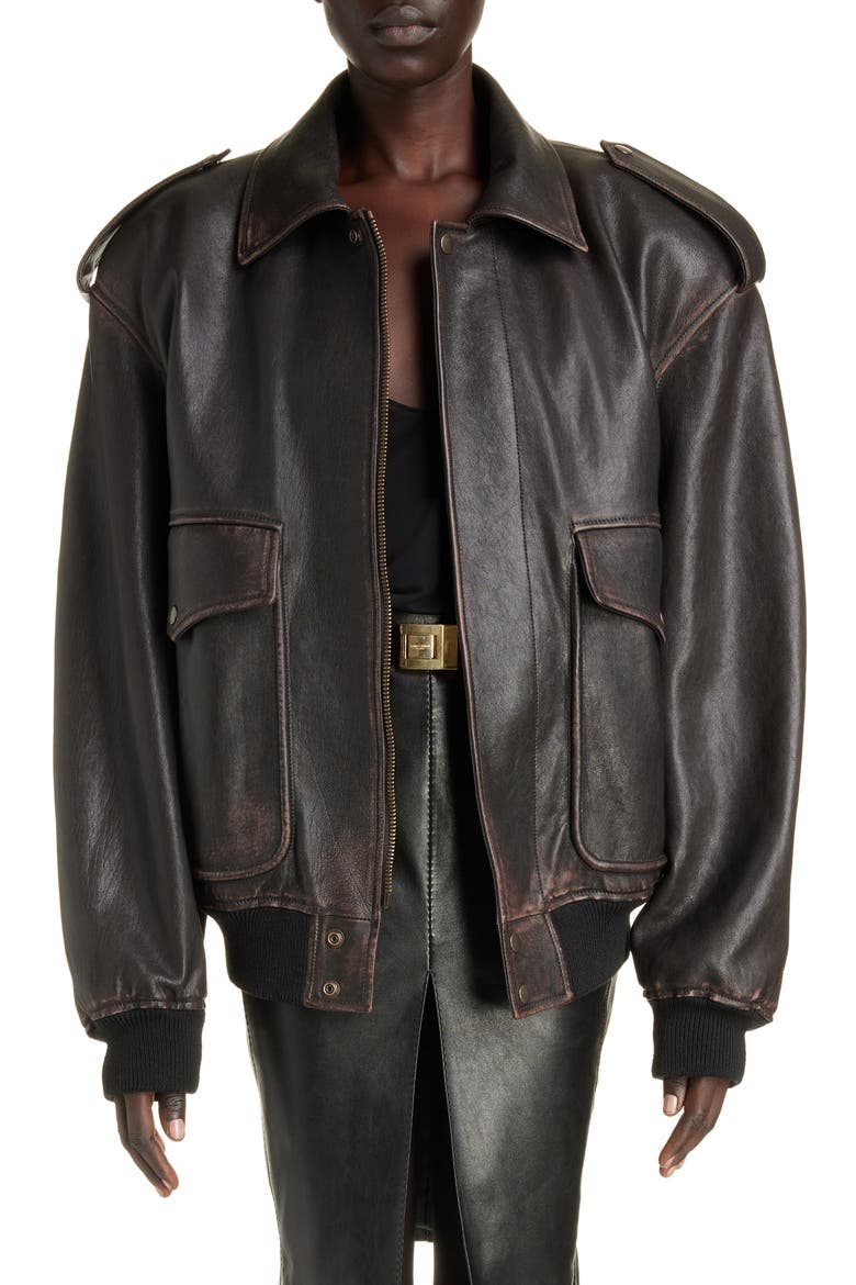 Oversize Lambskin Leather Bomber Jacket, Main, color, REGLISSE/ AUBURN