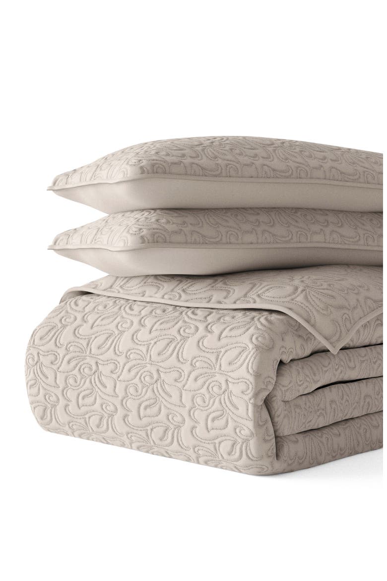 All Season Floral Stitch 3-Piece Down Alternative Quilt Set, Alternate, color, LATTE