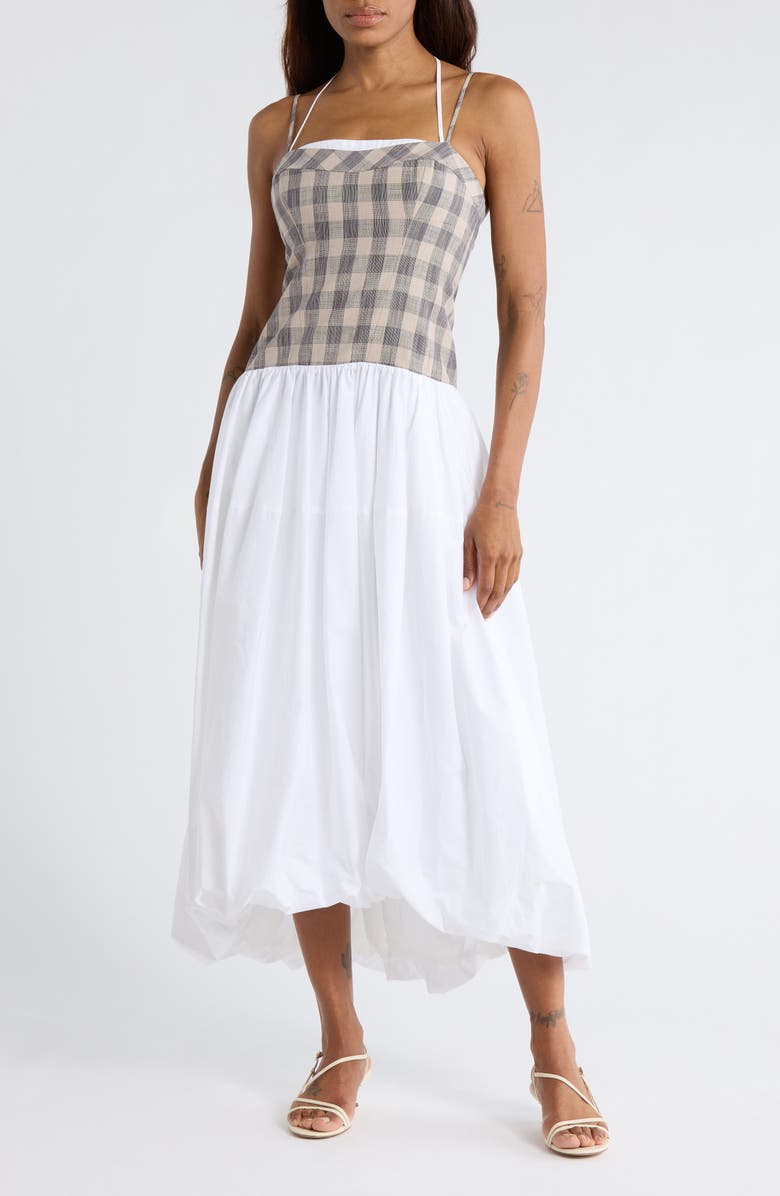 Simkhai Pfeiffer Bustier Bubble Hem Dress, Main, color, Midnight Gingham